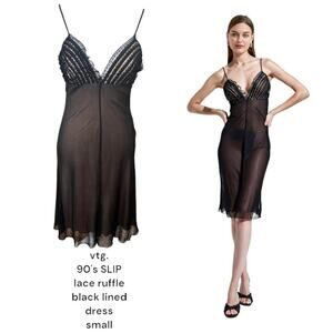 Vintage 90's lace trim lined‎ ruffle slip dress small. Made in U.S.A.